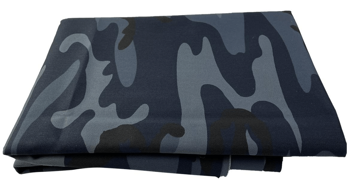 Poly/Cotton Twill Woodland Midnight Blue Printed Camouflage Textile and Fabric, Brown/Blue/Black/Grey